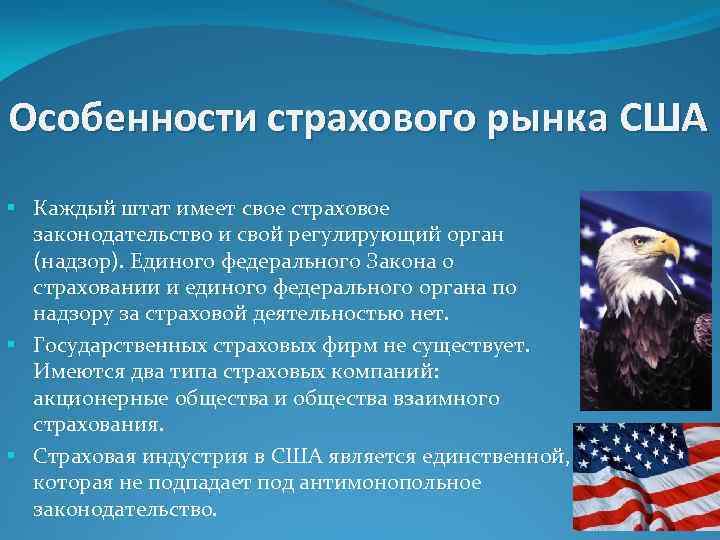 Каковы особенности сша. Особенности страхового рынка США. Особенности страхования в США. Страховая система США. Особенности страхового законодательства США.