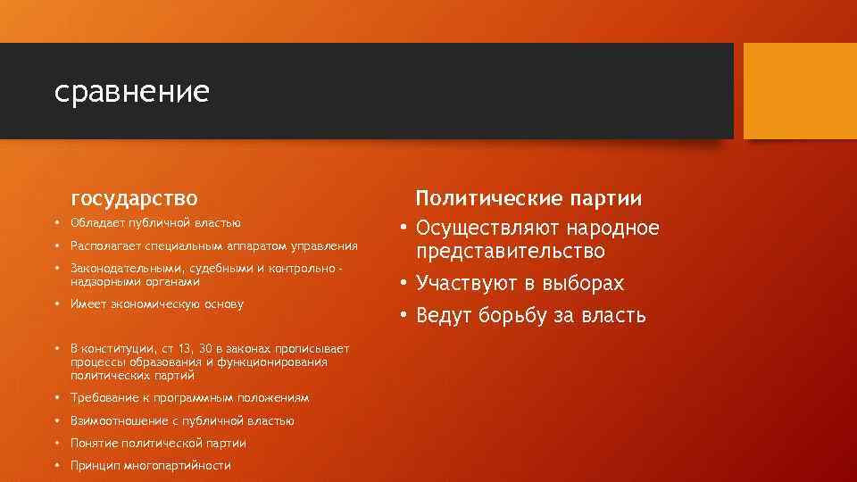 сравнение государство • Обладает публичной властью • Располагает специальным аппаратом управления • Законодательными, судебными