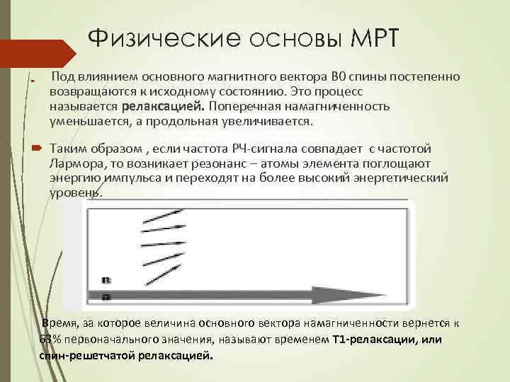 Физические основы МРТ Под влиянием основного магнитного вектора В 0 спины постепенно возвращаются к