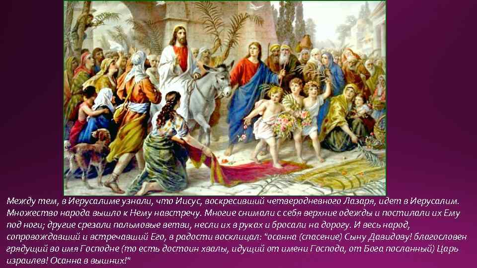 Между тем, в Иерусалиме узнали, что Иисус, воскресивший четверодневного Лазаря, идет в Иерусалим. Множество