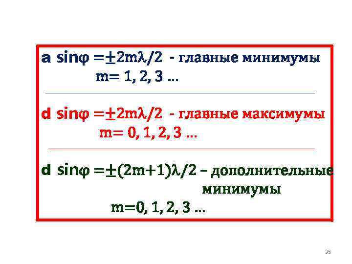 a sinφ =± 2 m /2 - главные минимумы m= 1, 2, 3 …