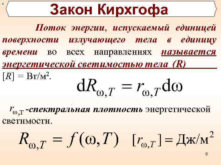 х Закон Кирхгофа Поток энергии, испускаемый единицей поверхности излучающего тела в единицу времени во