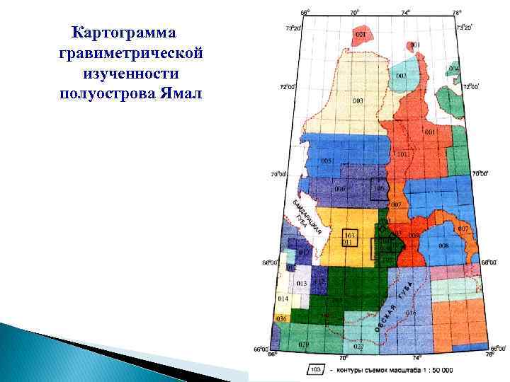 Картограмма гравиметрической изученности полуострова Ямал 