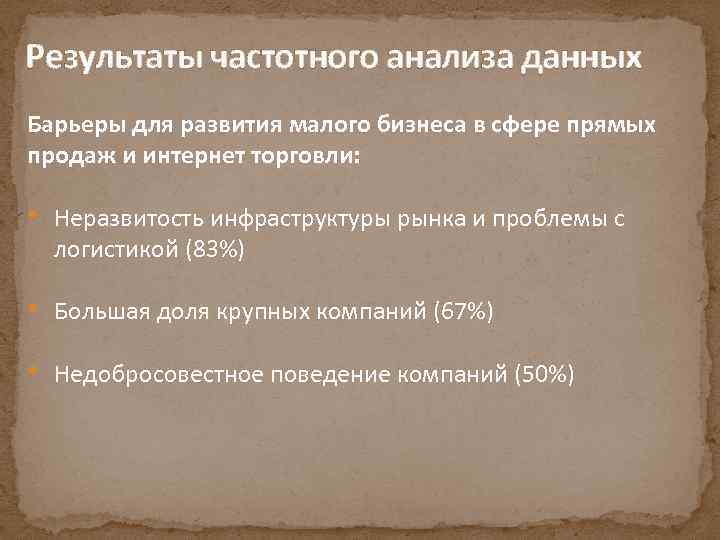 Результаты частотного анализа данных Барьеры для развития малого бизнеса в сфере прямых продаж и