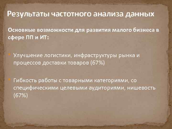 Результаты частотного анализа данных Основные возможности для развития малого бизнеса в сфере ПП и