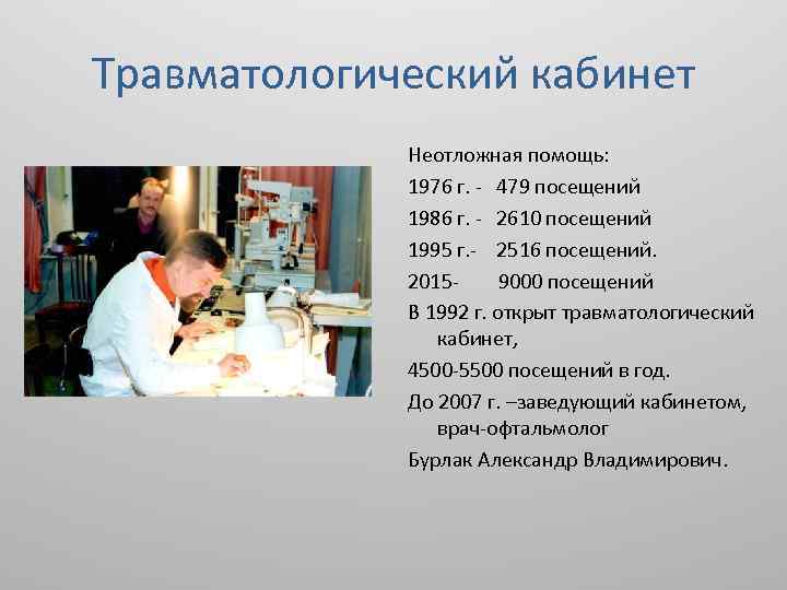 Травматологический кабинет Неотложная помощь: 1976 г. - 479 посещений 1986 г. - 2610 посещений