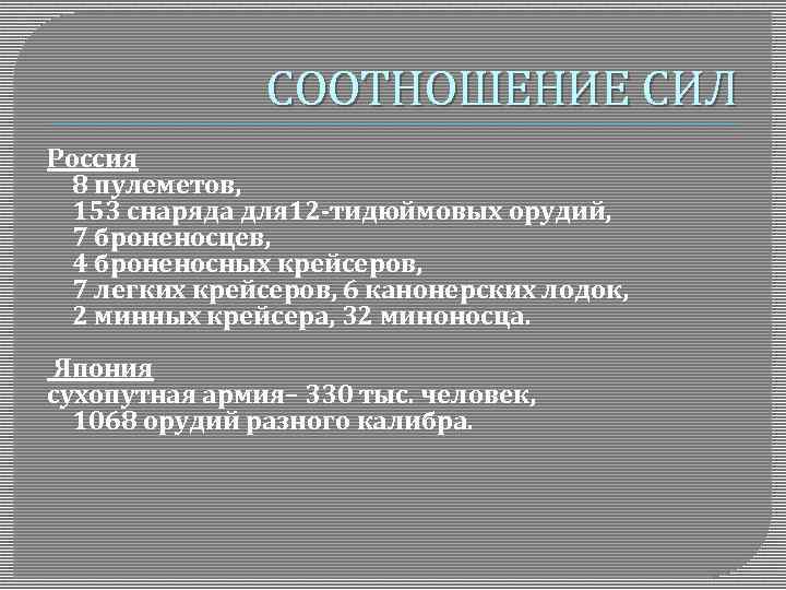 СООТНОШЕНИЕ СИЛ Россия 8 пулеметов, 153 снаряда для 12 -тидюймовых орудий, 7 броненосцев, 4