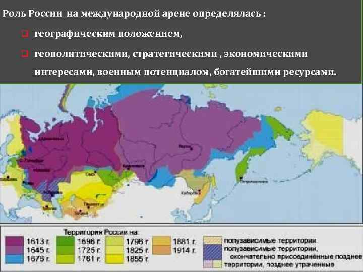Роль России на международной арене определялась : q географическим положением, q геополитическими, стратегическими ,