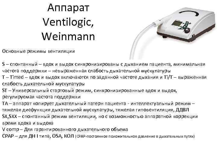 Аппарат Ventilogic, Weinmann Основные режимы вентиляции S – спонтанный – вдох и выдох синхронизированы