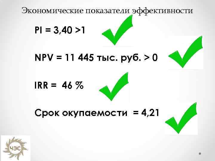 Экономические показатели эффективности PI = 3, 40 >1 NPV = 11 445 тыс. руб.