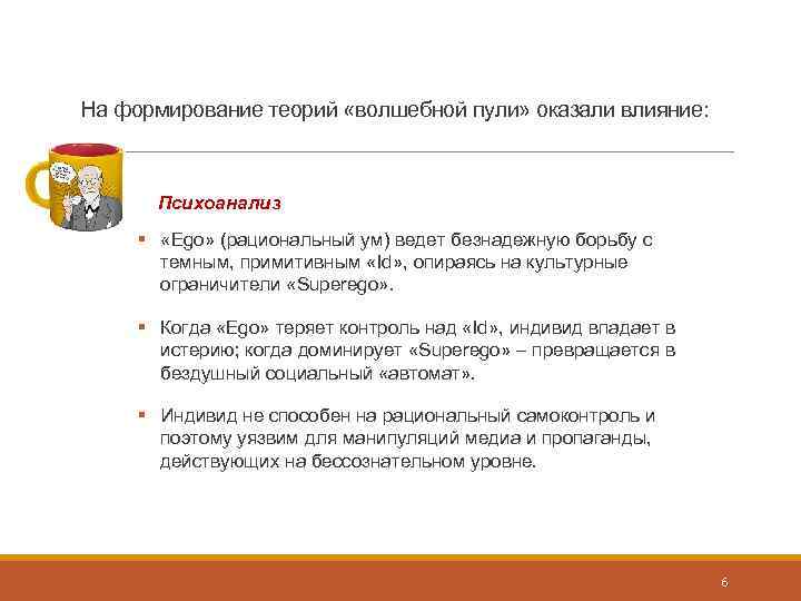 На формирование теорий «волшебной пули» оказали влияние: Психоанализ § «Ego» (рациональный ум) ведет безнадежную