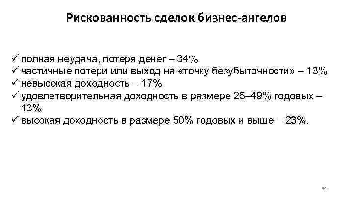 Рискованность сделок бизнес-ангелов ü полная неудача, потеря денег – 34% ü частичные потери или