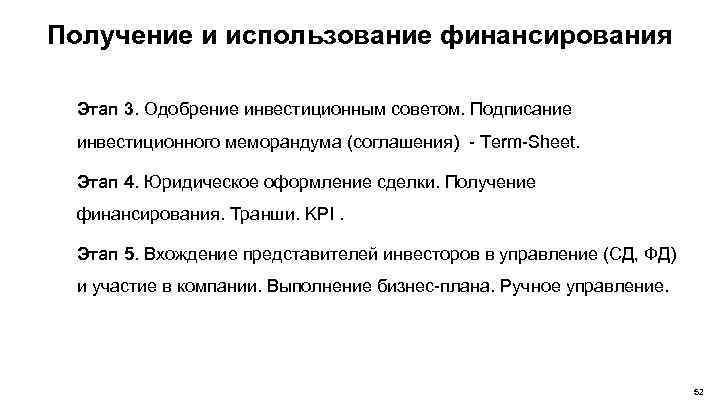 Получение и использование финансирования Этап 3. Одобрение инвестиционным советом. Подписание инвестиционного меморандума (соглашения) -