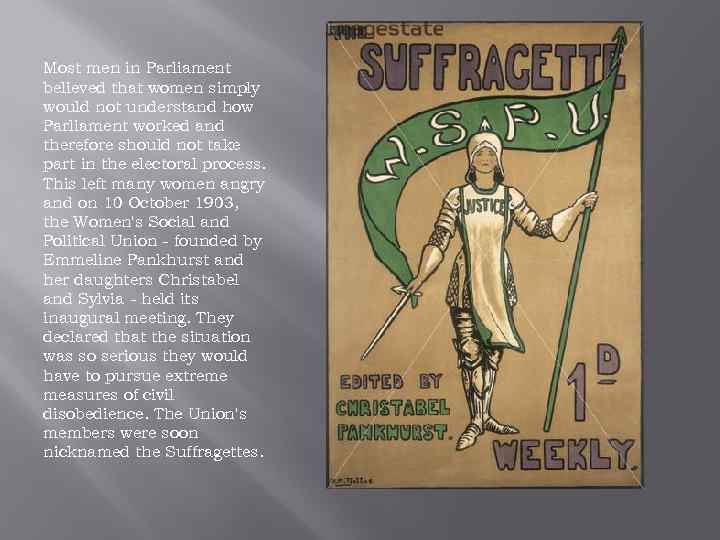 Most men in Parliament believed that women simply would not understand how Parliament worked