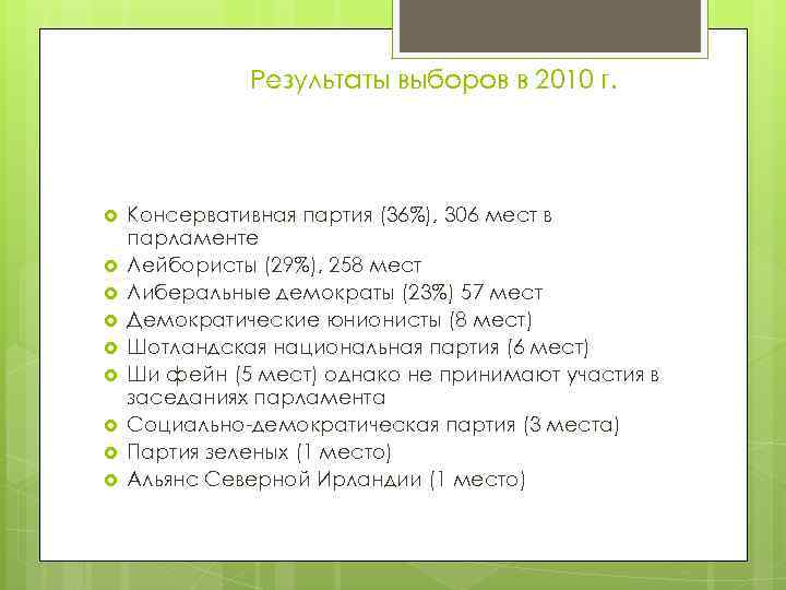 Результаты выборов в 2010 г. Консервативная партия (36%), 306 мест в парламенте Лейбористы (29%),