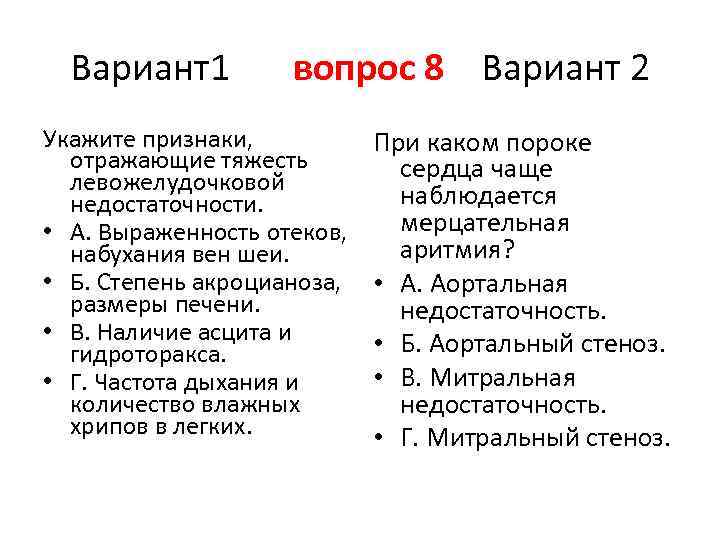 Вариант1 вопрос 8 Вариант 2 Укажите признаки, отражающие тяжесть левожелудочковой недостаточности. • А. Выраженность