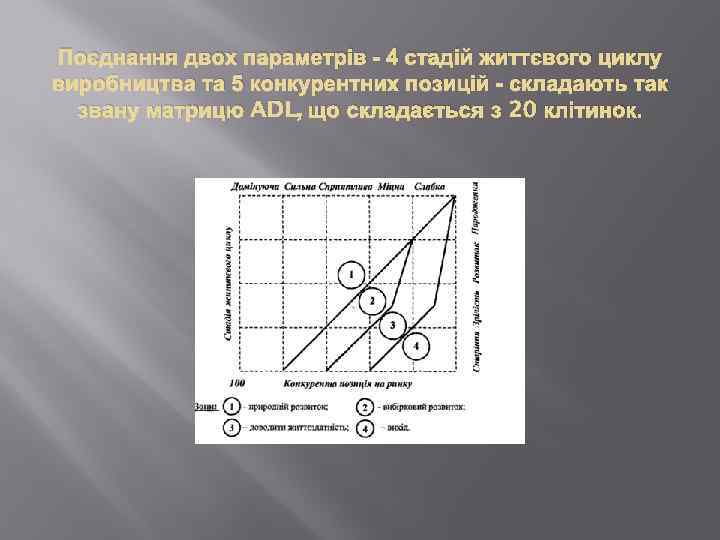 Поєднання двох параметрів - 4 стадій життєвого циклу виробництва та 5 конкурентних позицій -