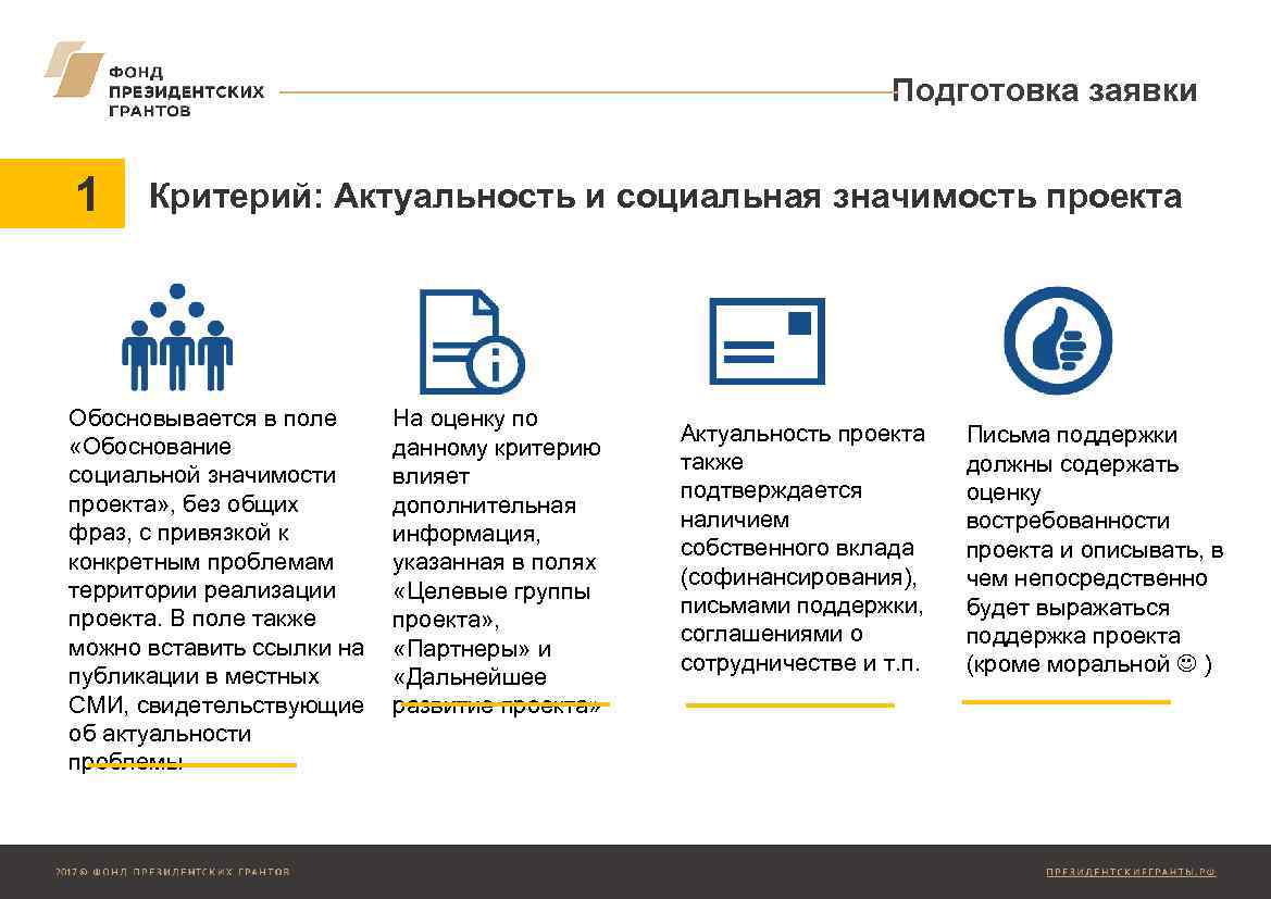 Подготовка заявки 1 Критерий: Актуальность и социальная значимость проекта Обосновывается в поле «Обоснование социальной