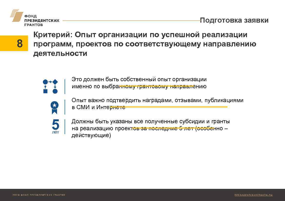 Подготовка заявки 8 Критерий: Опыт организации по успешной реализации программ, проектов по соответствующему направлению