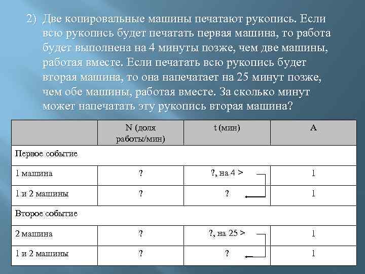 2) Две копировальные машины печатают рукопись. Если всю рукопись будет печатать первая машина, то