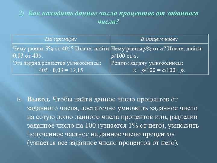 2) Как находить данное число процентов от заданного числа? На примере: В общем виде:
