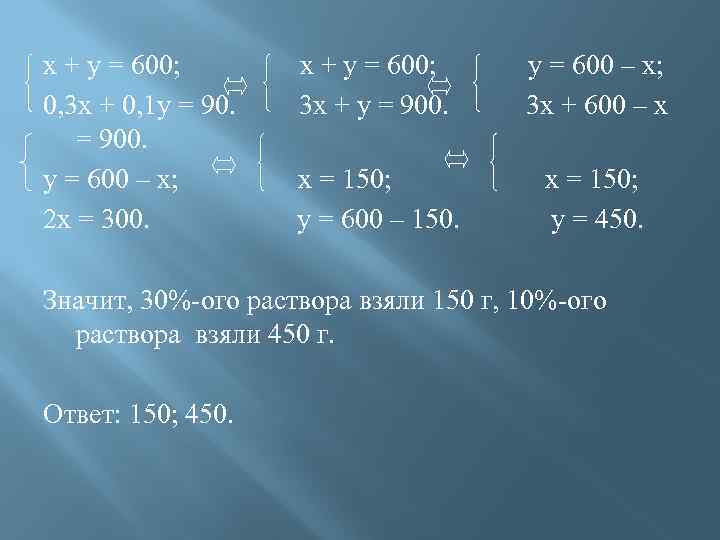х + у = 600; 0, 3 х + 0, 1 у = 900.