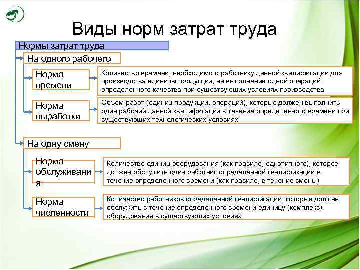 Виды норм затрат труда Нормы затрат труда На одного рабочего Норма времени Количество времени,