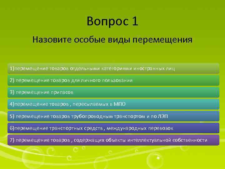 Вопрос 1 Назовите особые виды перемещения 1)перемещение товаров отдельными категориями иностранных лиц 2) перемещение