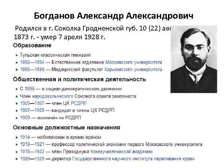 Богданов Александрович Родился в г. Соколка Гродненской губ. 10 (22) августа 1873 г. -