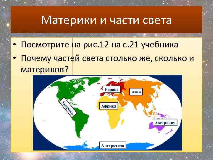 Материки и части света • Посмотрите на рис. 12 на с. 21 учебника •