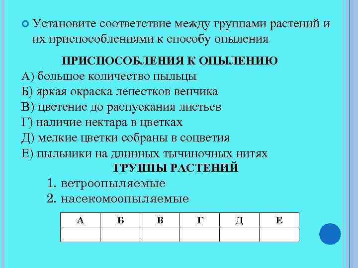  Установите соответствие между группами растений и их приспособлениями к способу опыления ПРИСПОСОБЛЕНИЯ К