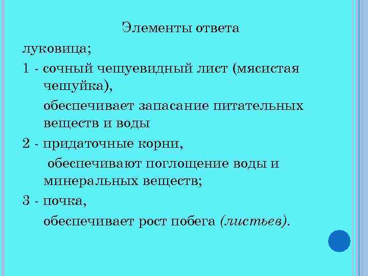 Элементы ответа луковица; 1 - сочный чешуевидный лист (мясистая чешуйка), обеспечивает запасание питательных веществ