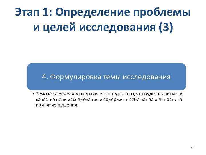 Этап 1: Определение проблемы и целей исследования (3) 4. Формулировка темы исследования • Тема