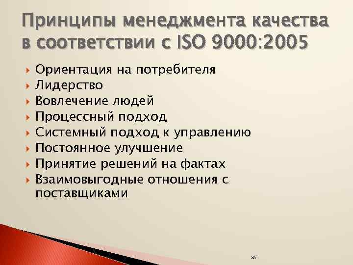 Принципы менеджмента качества в соответствии с ISO 9000: 2005 Ориентация на потребителя Лидерство Вовлечение