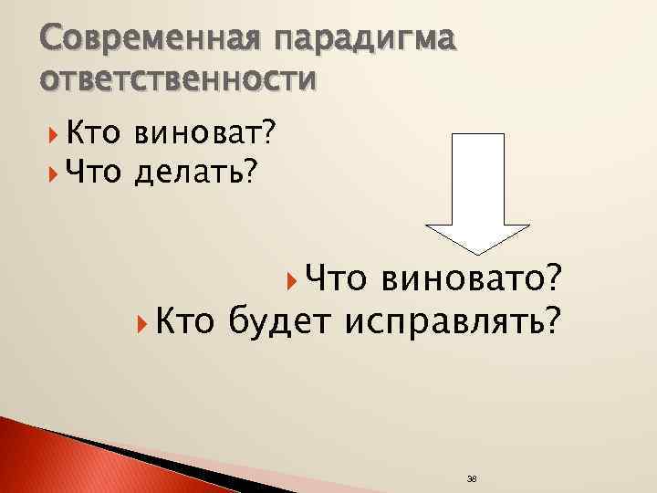 Современная парадигма ответственности Кто виноват? Что делать? Что виновато? Кто будет исправлять? 38 