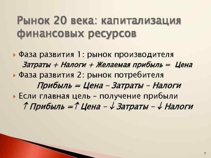 Рынок 20 века: капитализация финансовых ресурсов Фаза развития 1: рынок производителя Затраты + Налоги