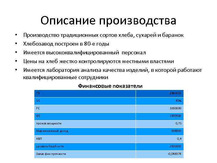 Описание производства • • • Производство традиционных сортов хлеба, сухарей и баранок Хлебозавод построен