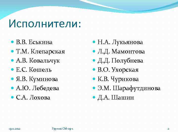 Исполнители: В. В. Еськина Т. М. Клепарская А. В. Ковальчук Е. С. Кошель Я.