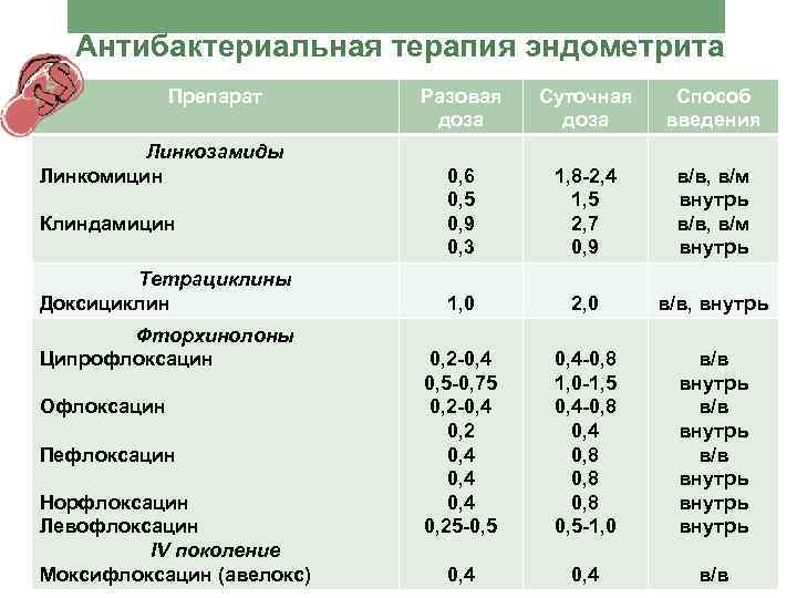 Антибактериальная терапия эндометрита Препарат Линкозамиды Линкомицин Клиндамицин Тетрациклины Доксициклин Фторхинолоны Ципрофлоксацин Офлоксацин Пефлоксацин Норфлоксацин