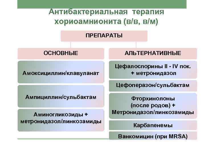 Антибактериальная терапия хориоамнионита (в/в, в/м) ПРЕПАРАТЫ ОСНОВНЫЕ АЛЬТЕРНАТИВНЫЕ Амоксициллин/клавуланат Цефалоспорины II - IV пок.