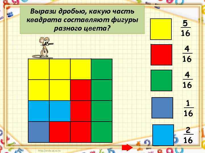 Вырази дробью, какую часть квадрата составляют фигуры разного цвета? 5 16 4 16 1