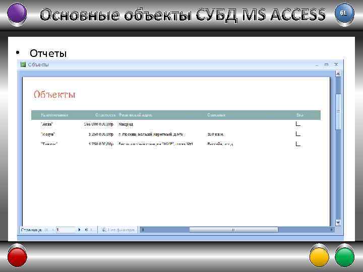 Основные объекты СУБД MS ACCESS • Отчеты 61 