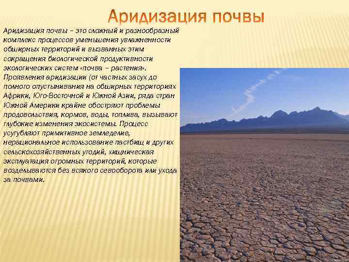 Аридизация почвы – это сложный и разнообразный комплекс процессов уменьшения увлажненности обширных территорий и