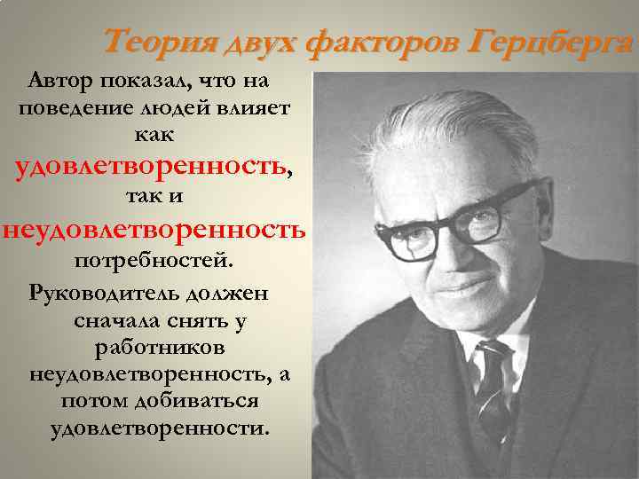 Теория двух факторов Герцберга Автор показал, что на поведение людей влияет как удовлетворенность, так