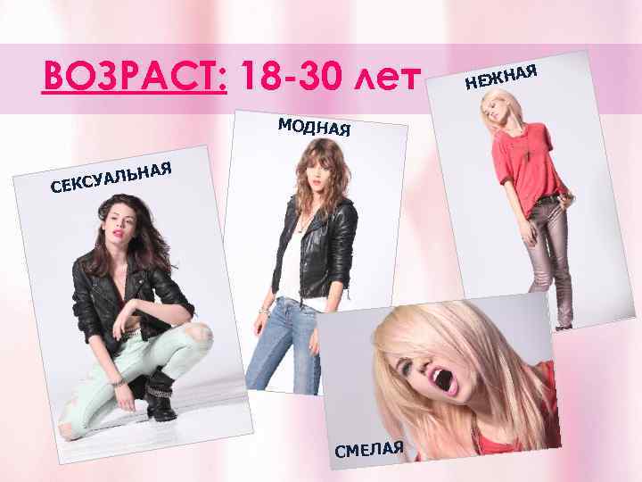 ВОЗРАСТ: 18 -30 лет МОДНАЯ ЛЬ ЕКСУА С СМЕЛАЯ Я ЕЖНА Н 