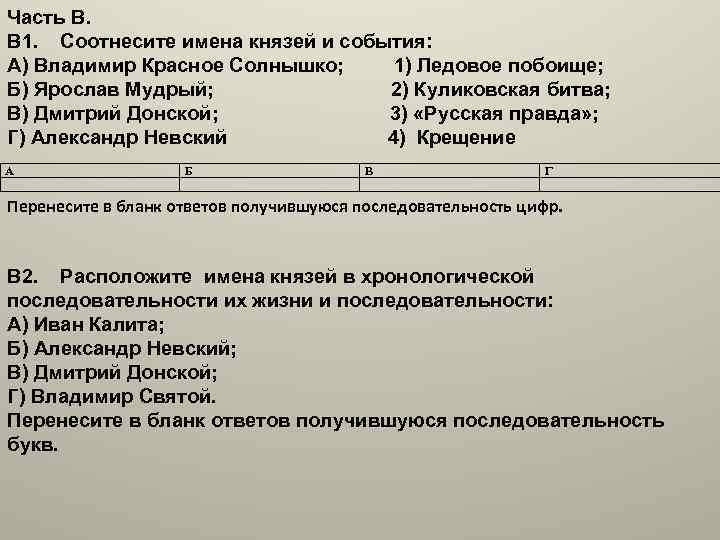 Часть В. В 1. Соотнесите имена князей и события: А) Владимир Красное Солнышко; 1)