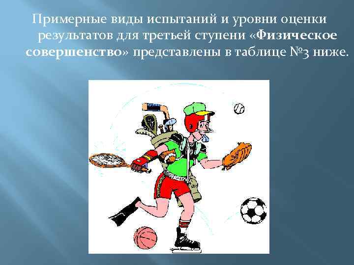 Примерные виды испытаний и уровни оценки результатов для третьей ступени «Физическое совершенство» представлены в