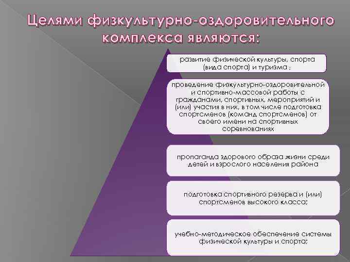 Целями физкультурно-оздоровительного комплекса являются: развитие физической культуры, спорта (вида спорта) и туризма ; проведение