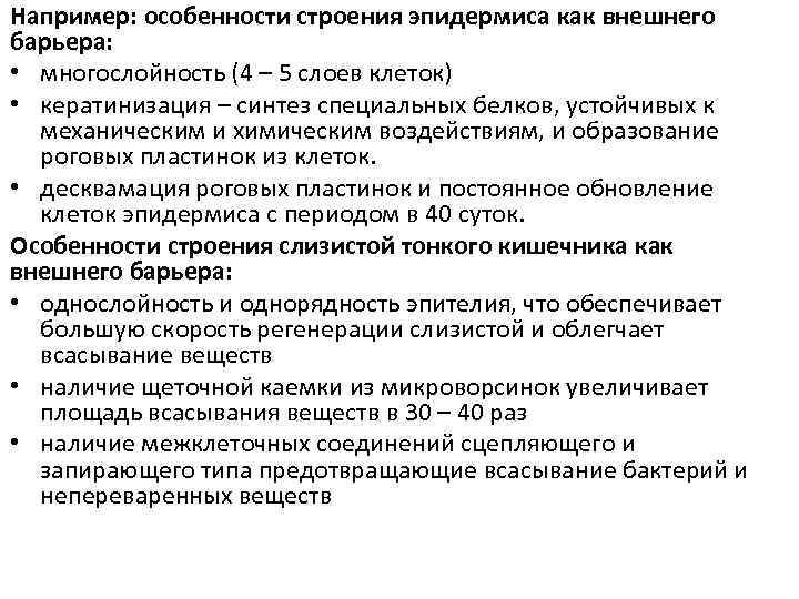 Например: особенности строения эпидермиса как внешнего барьера: • многослойность (4 – 5 слоев клеток)