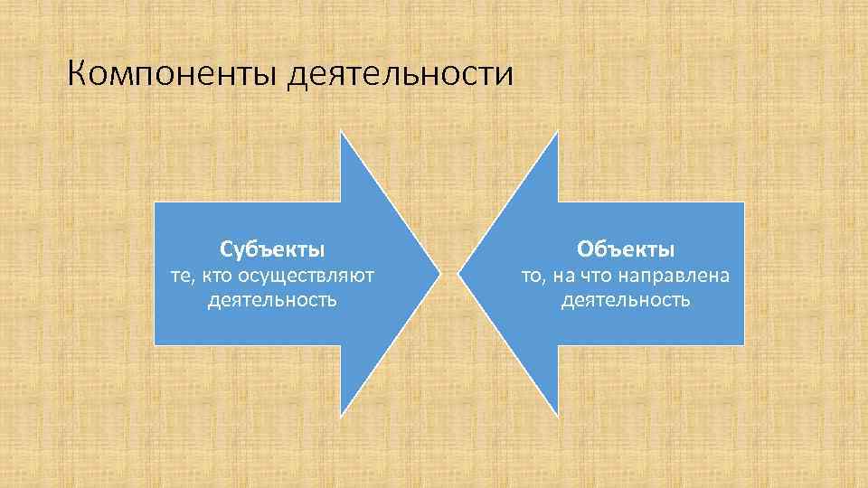 Компоненты деятельности Субъекты те, кто осуществляют деятельность Объекты то, на что направлена деятельность 